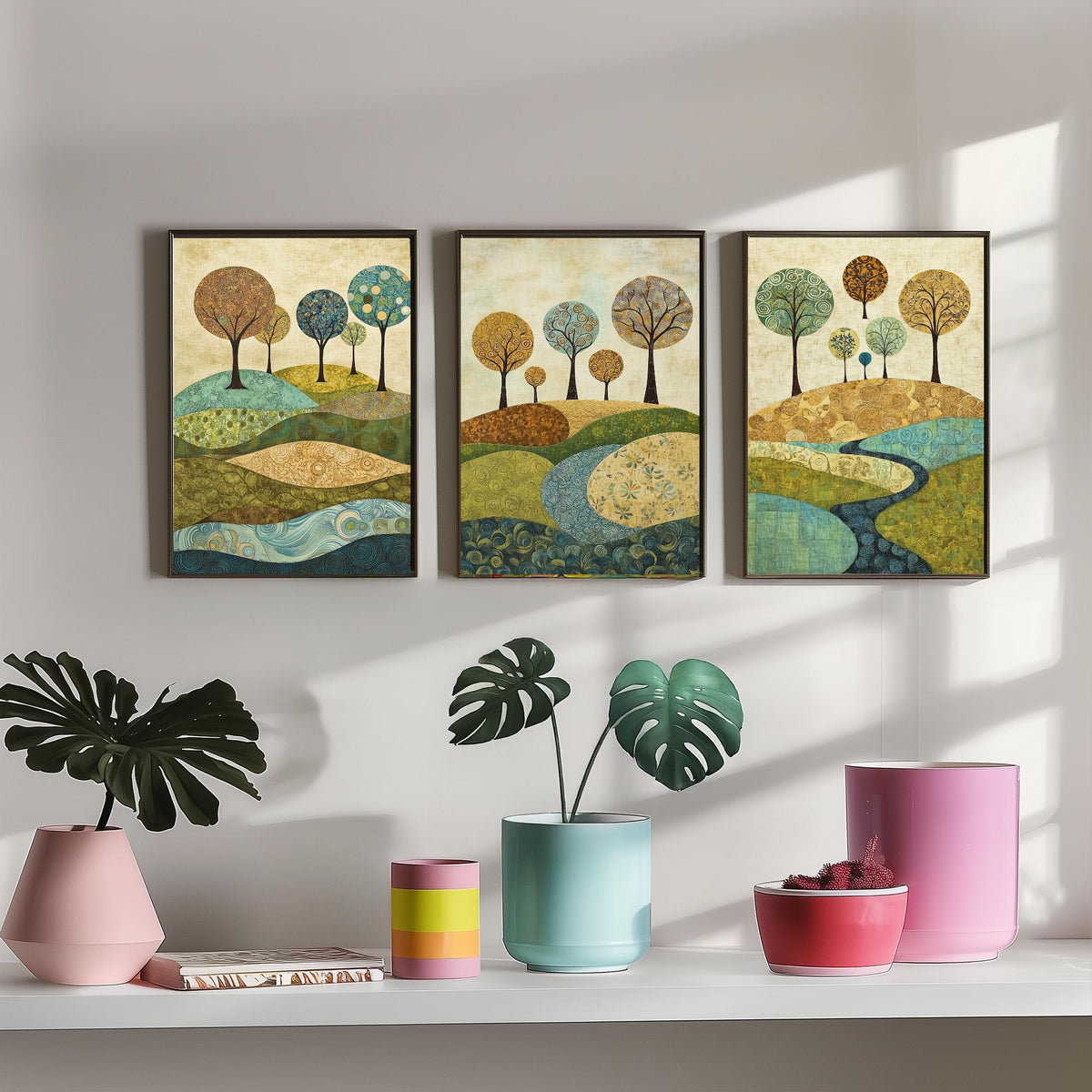 Set of Three Patchwork Hills Art Prints - Swirling Trees River - 3 Teal Gold Landscape Posters - Folk Quilt Illustration Painting V6