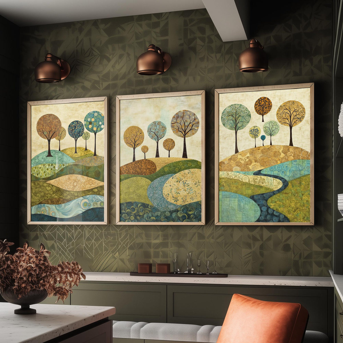 Set of Three Patchwork Hills Art Prints - Swirling Trees River - 3 Teal Gold Landscape Posters - Folk Quilt Illustration Painting V6