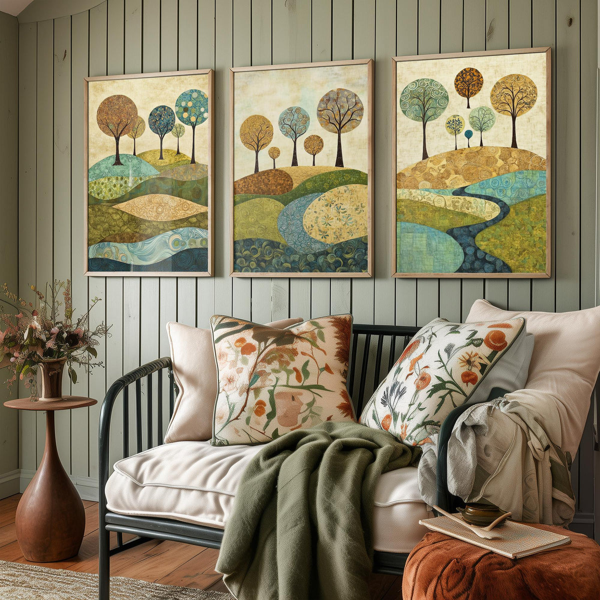 Set of Three Patchwork Hills Art Prints - Swirling Trees River - 3 Teal Gold Landscape Posters - Folk Quilt Illustration Painting V6