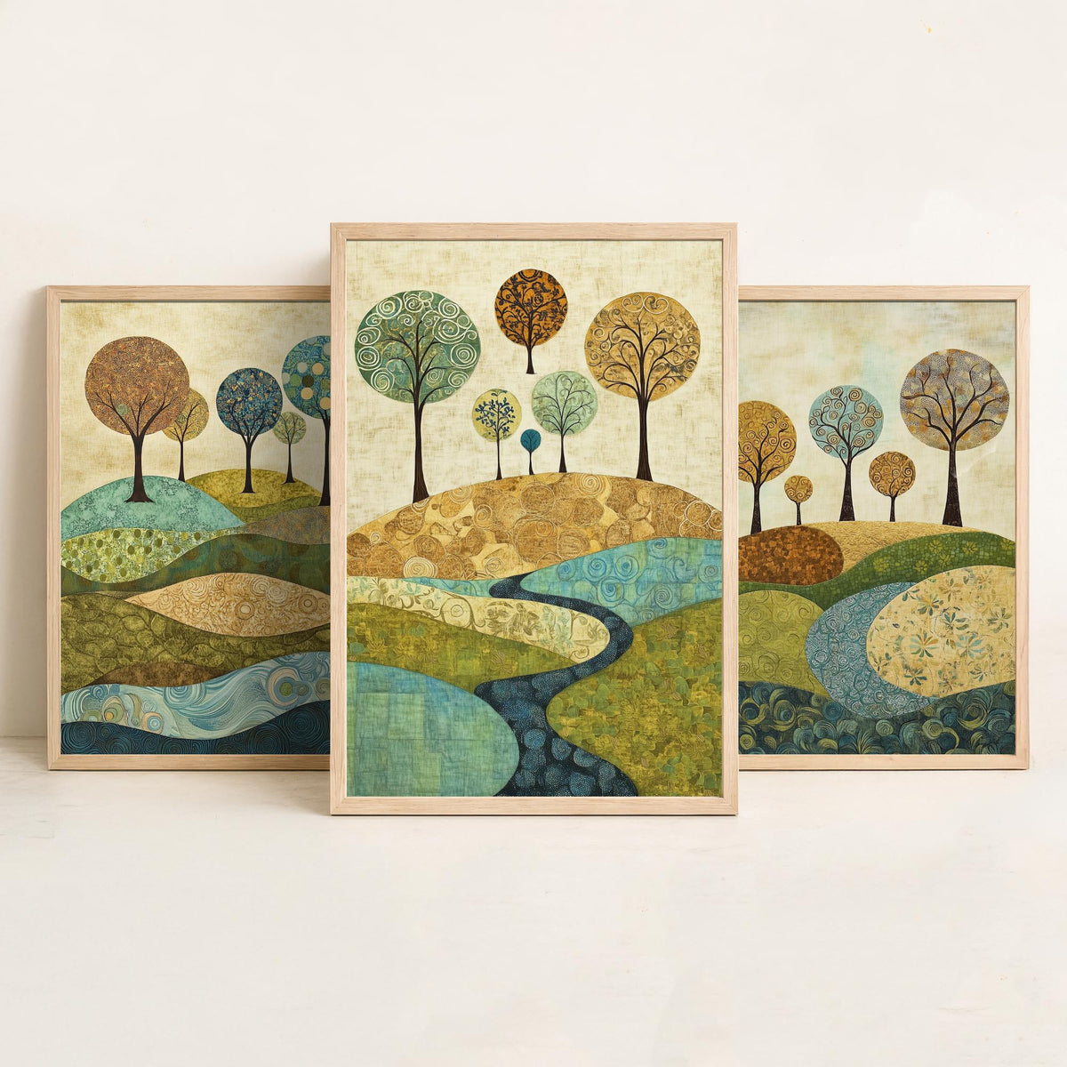 Set of Three Patchwork Hills Art Prints - Swirling Trees River - 3 Teal Gold Landscape Posters - Folk Quilt Illustration Painting V6