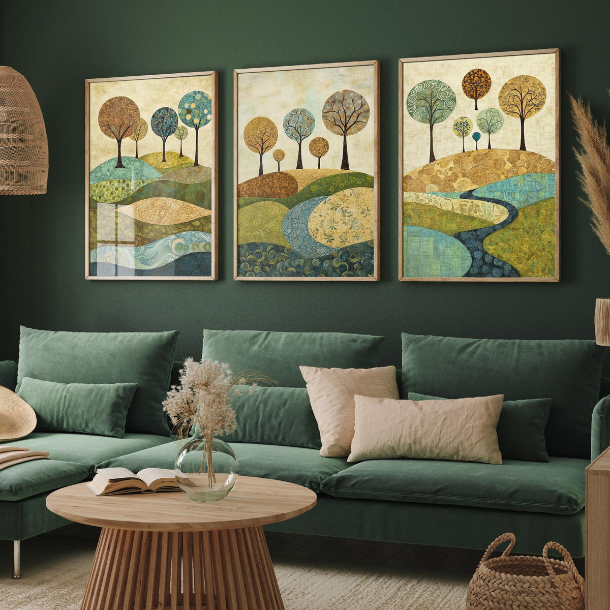 Set of Three Patchwork Hills Art Prints - Swirling Trees River - 3 Teal Gold Landscape Posters - Folk Quilt Illustration Painting V6