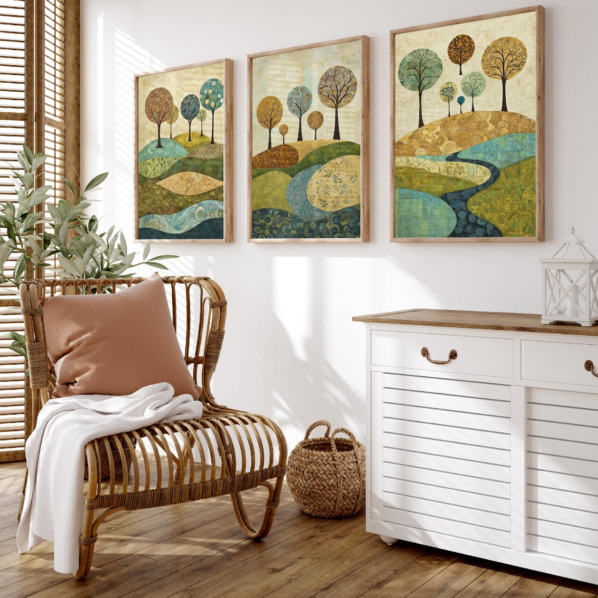 Set of Three Patchwork Hills Art Prints - Swirling Trees River - 3 Teal Gold Landscape Posters - Folk Quilt Illustration Painting V6