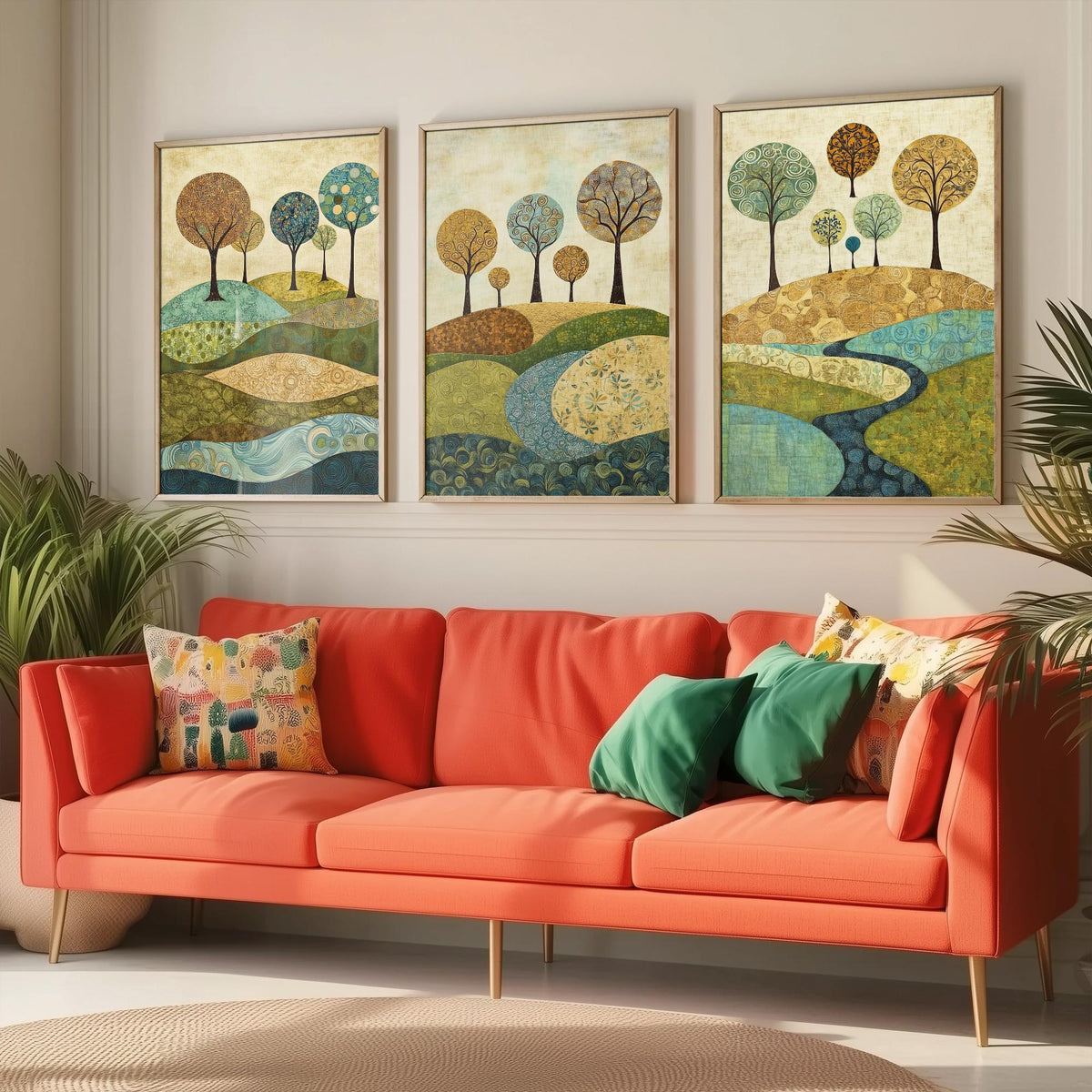 Set of Three Patchwork Hills Art Prints - Swirling Trees River - 3 Teal Gold Landscape Posters - Folk Quilt Illustration Painting V6