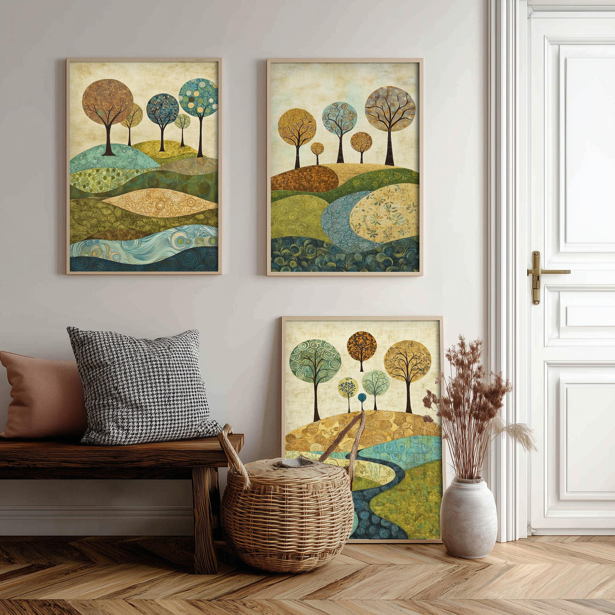 Set of Three Patchwork Hills Art Prints - Swirling Trees River - 3 Teal Gold Landscape Posters - Folk Quilt Illustration Painting V6