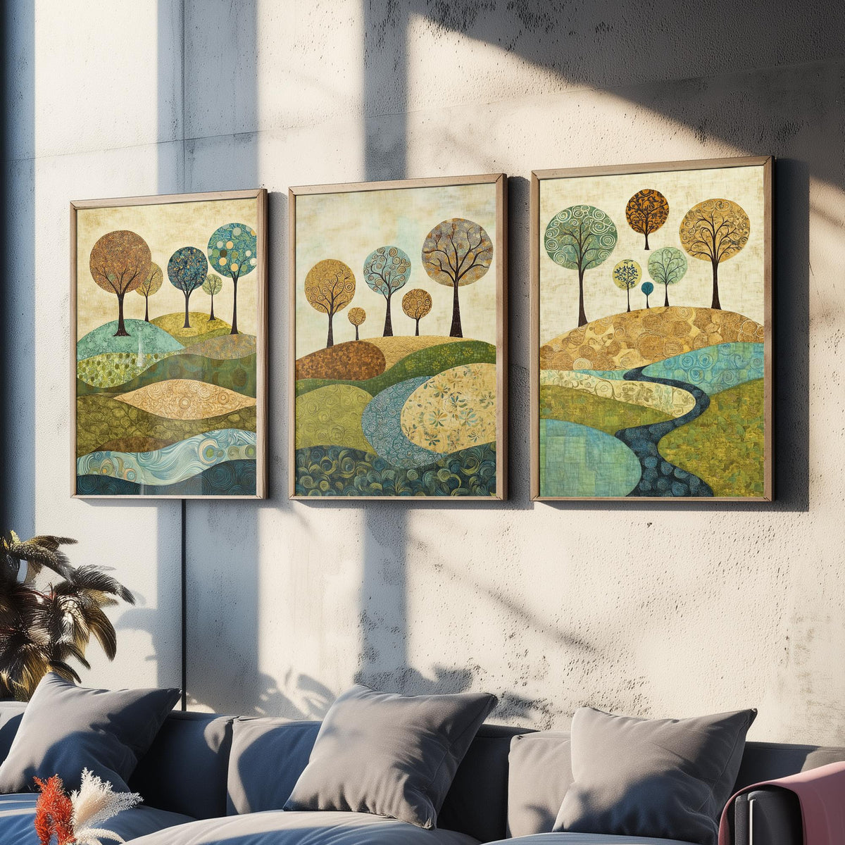 Set of Three Patchwork Hills Art Prints - Swirling Trees River - 3 Teal Gold Landscape Posters - Folk Quilt Illustration Painting V6