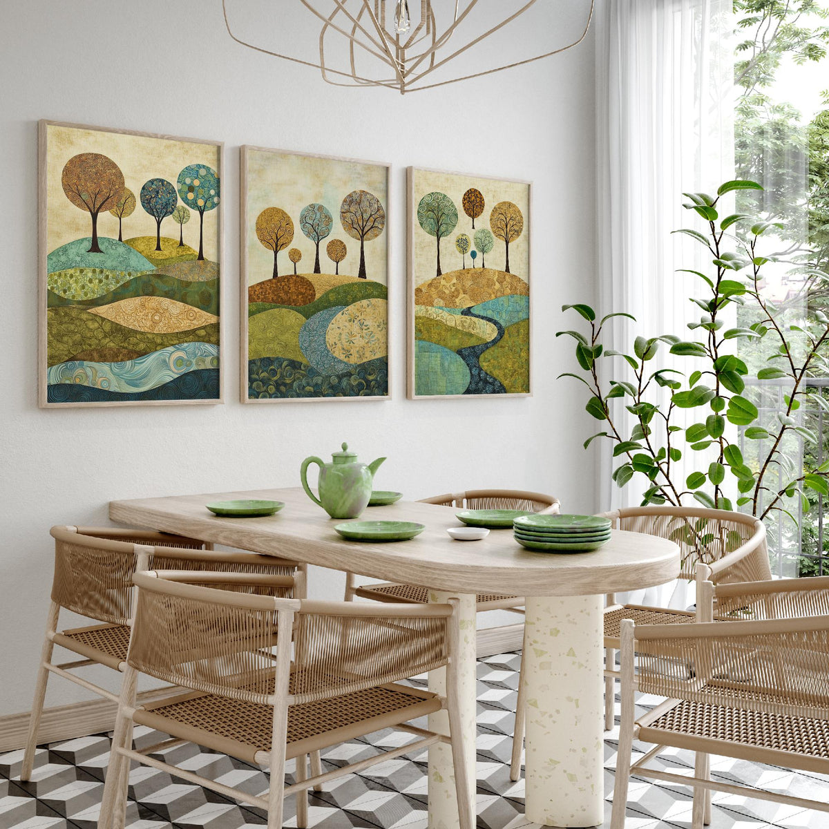 Set of Three Patchwork Hills Art Prints - Swirling Trees River - 3 Teal Gold Landscape Posters - Folk Quilt Illustration Painting V6
