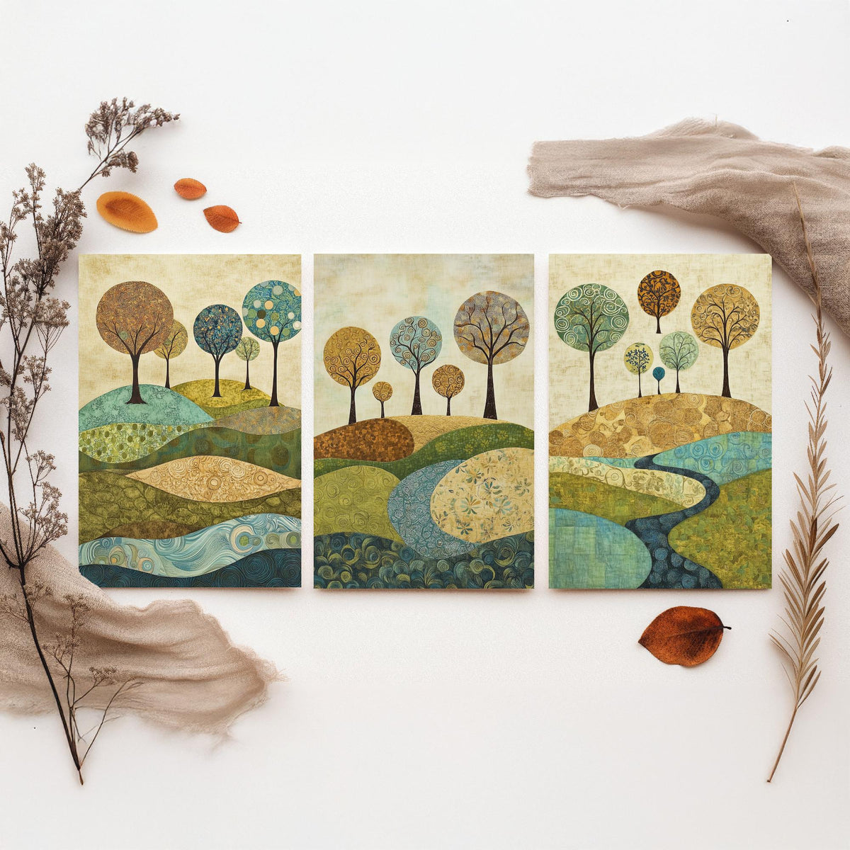 Set of Three Patchwork Hills Art Prints - Swirling Trees River - 3 Teal Gold Landscape Posters - Folk Quilt Illustration Painting V6