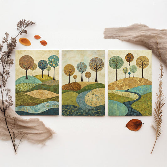 Set of Three Patchwork Hills Art Prints - Swirling Trees River - 3 Teal Gold Landscape Posters - Folk Quilt Illustration Painting V6