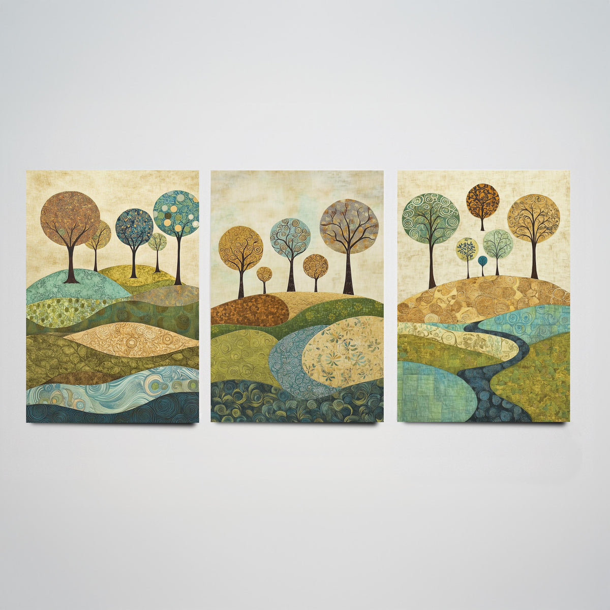 Set of Three Patchwork Hills Art Prints - Swirling Trees River - 3 Teal Gold Landscape Posters - Folk Quilt Illustration Painting V6