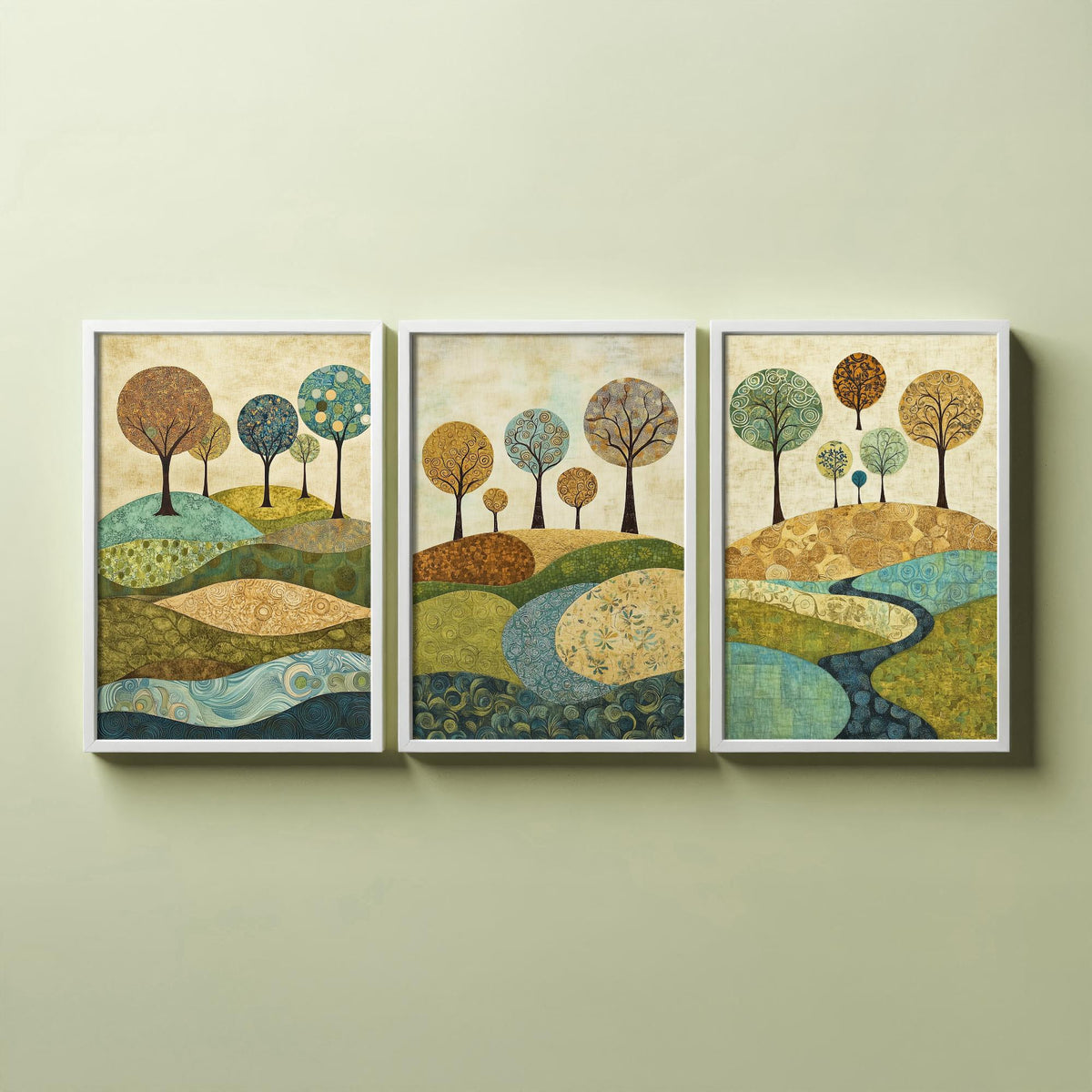 Set of Three Patchwork Hills Art Prints - Swirling Trees River - 3 Teal Gold Landscape Posters - Folk Quilt Illustration Painting V6