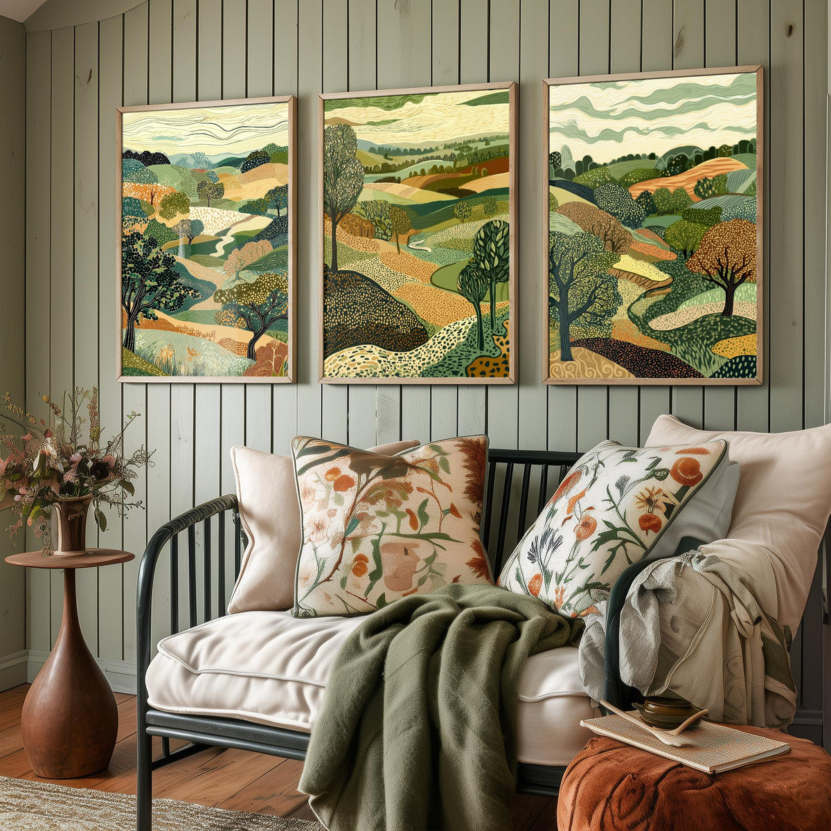 Set of Three Rolling Countryside Art Prints - Poplar Trees Fields - 3 Olive Landscape Posters - Line Art Illustration Painting V7