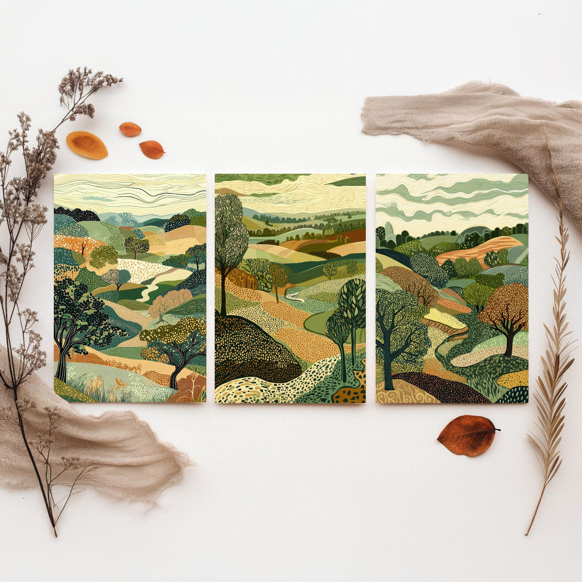 Set of Three Rolling Countryside Art Prints - Poplar Trees Fields - 3 Olive Landscape Posters - Line Art Illustration Painting V7