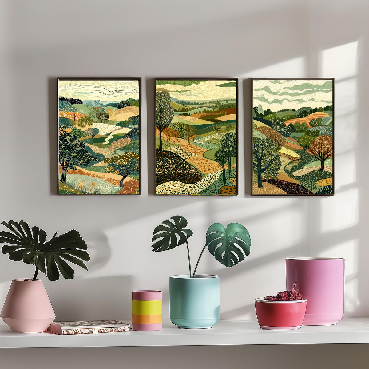 Set of Three Rolling Countryside Art Prints - Poplar Trees Fields - 3 Olive Landscape Posters - Line Art Illustration Painting V7