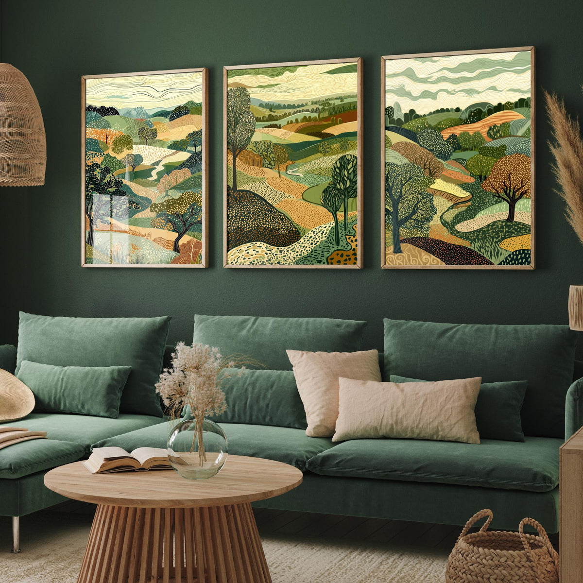 Set of Three Rolling Countryside Art Prints - Poplar Trees Fields - 3 Olive Landscape Posters - Line Art Illustration Painting V7