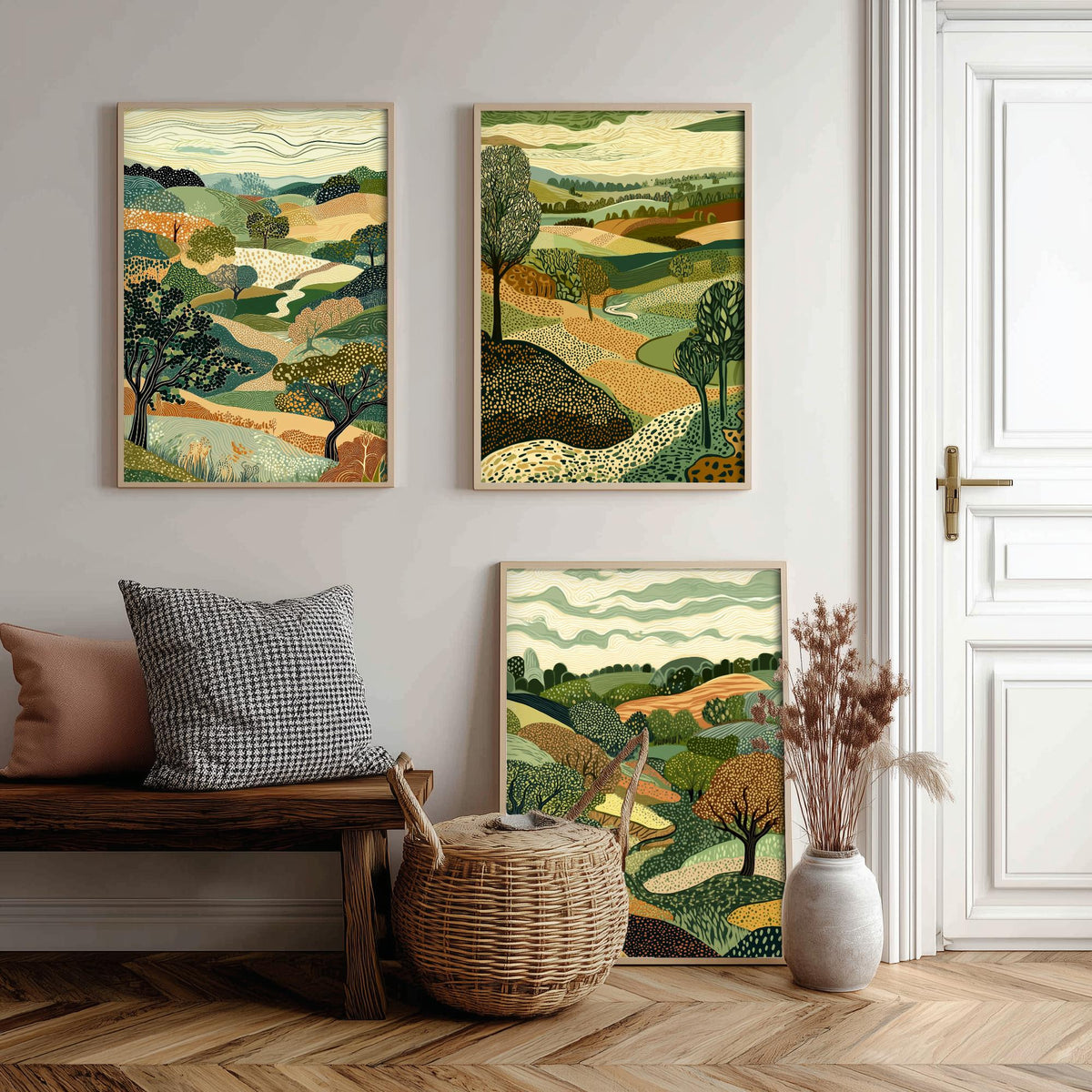Set of Three Rolling Countryside Art Prints - Poplar Trees Fields - 3 Olive Landscape Posters - Line Art Illustration Painting V7