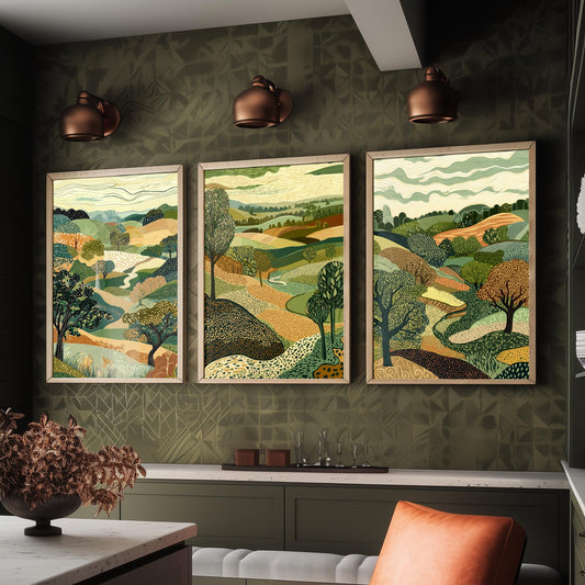 Set of Three Rolling Countryside Art Prints - Poplar Trees Fields - 3 Olive Landscape Posters - Line Art Illustration Painting V7