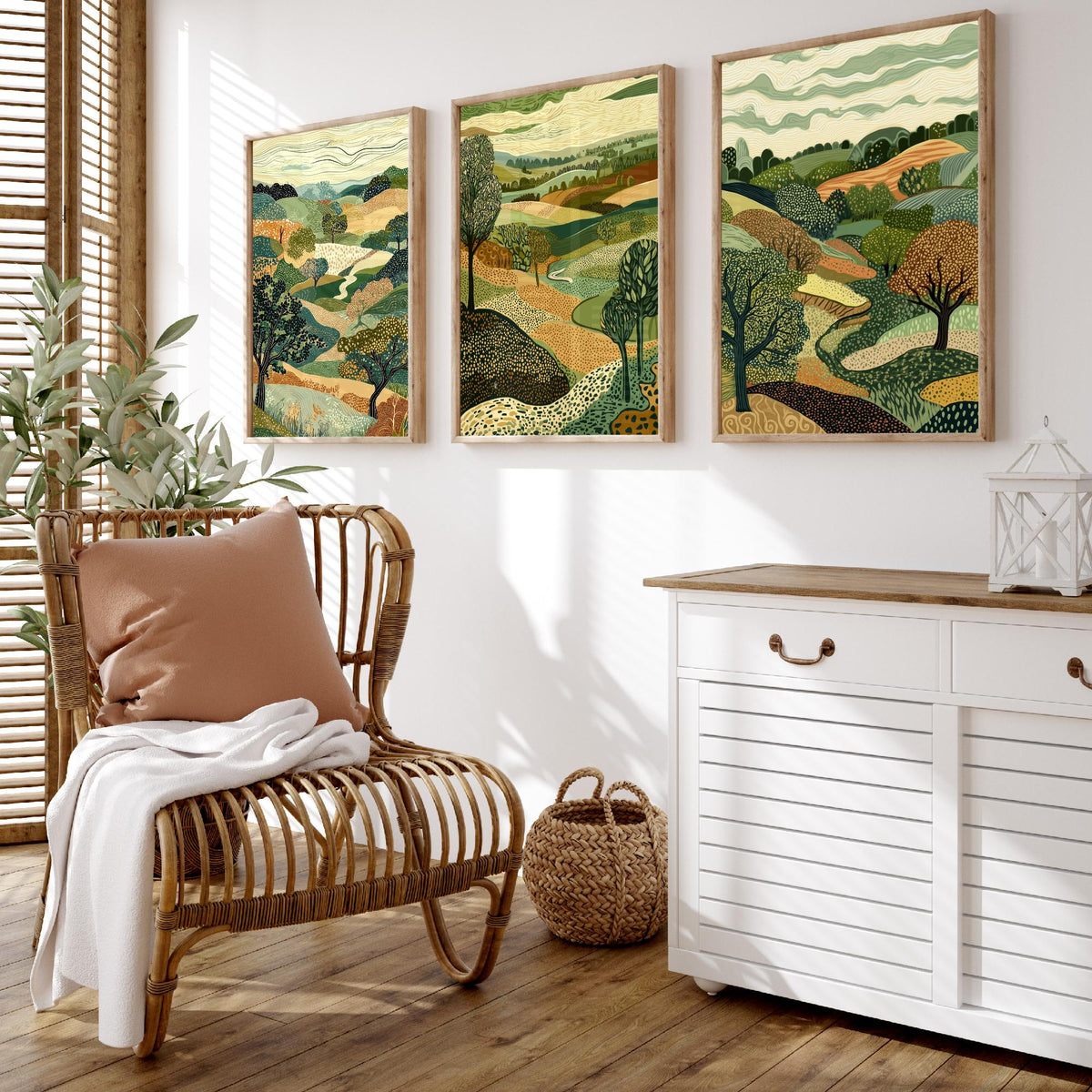 Set of Three Rolling Countryside Art Prints - Poplar Trees Fields - 3 Olive Landscape Posters - Line Art Illustration Painting V7