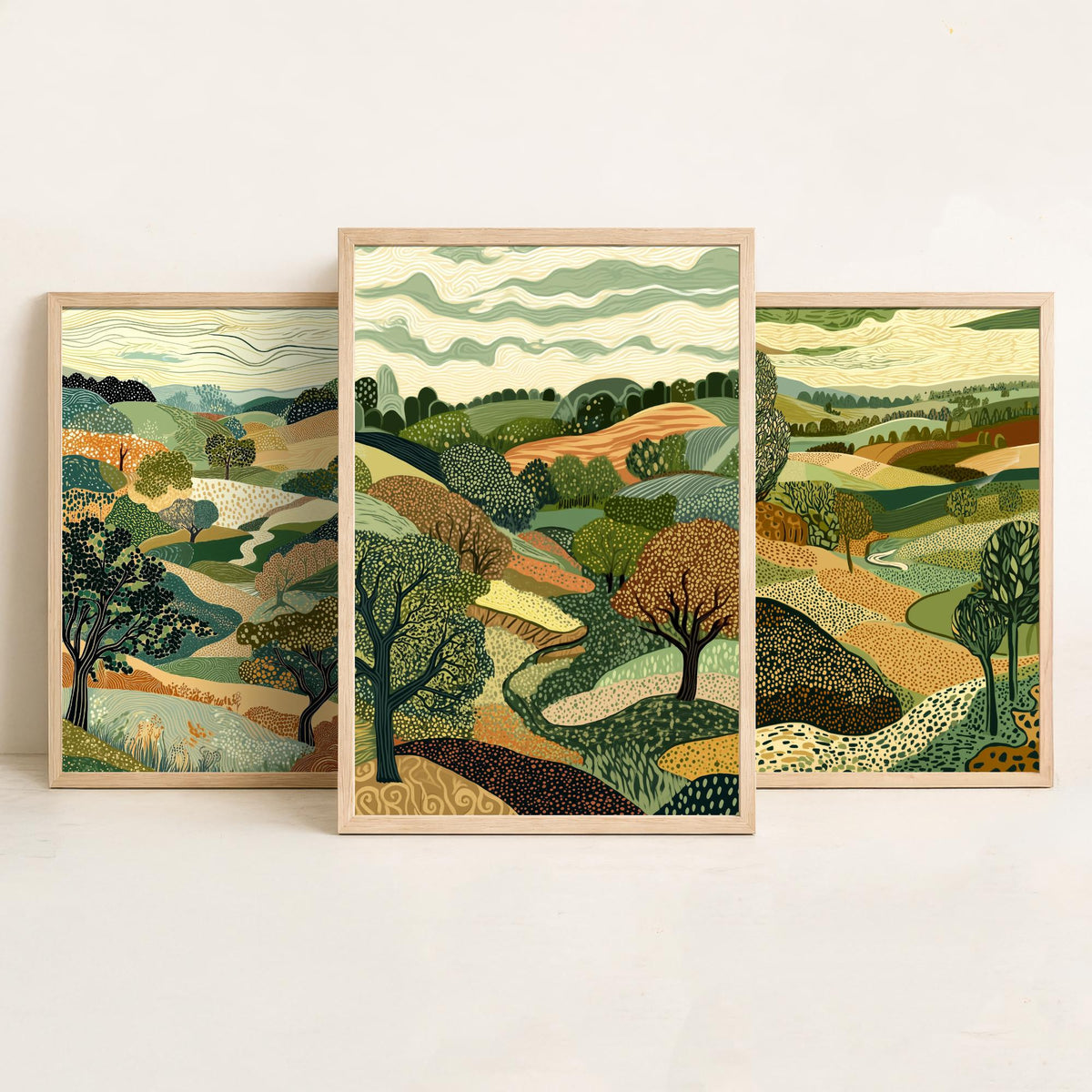 Set of Three Rolling Countryside Art Prints - Poplar Trees Fields - 3 Olive Landscape Posters - Line Art Illustration Painting V7