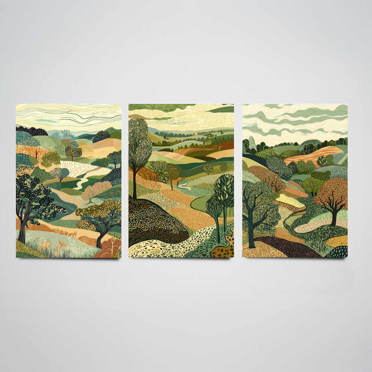 Set of Three Rolling Countryside Art Prints - Poplar Trees Fields - 3 Olive Landscape Posters - Line Art Illustration Painting V7