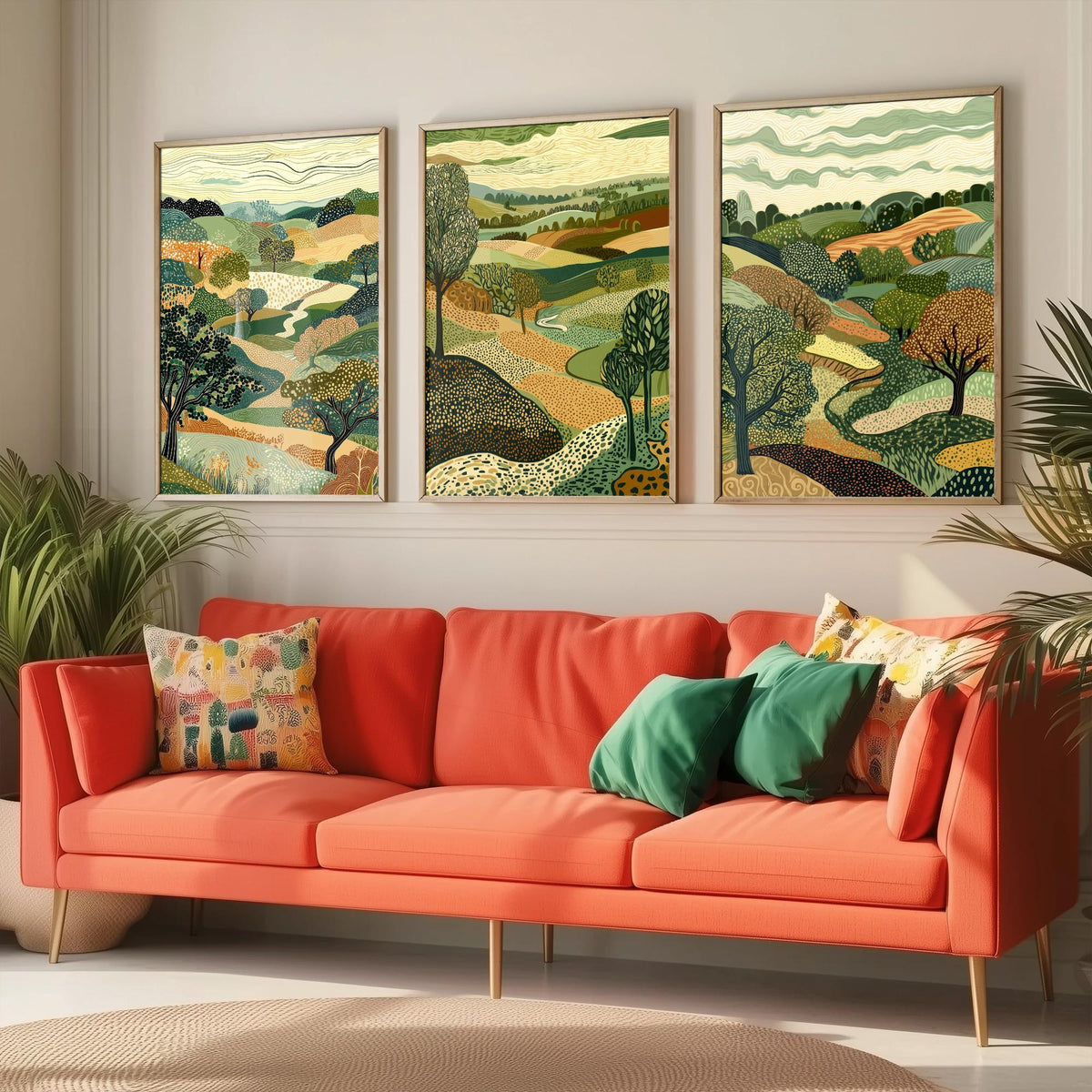 Set of Three Rolling Countryside Art Prints - Poplar Trees Fields - 3 Olive Landscape Posters - Line Art Illustration Painting V7