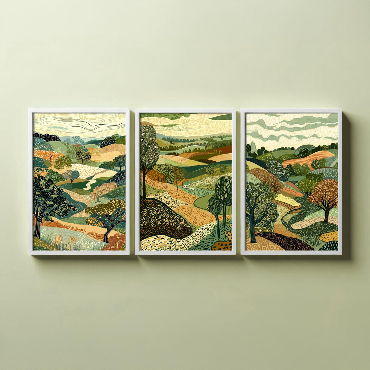 Set of Three Rolling Countryside Art Prints - Poplar Trees Fields - 3 Olive Landscape Posters - Line Art Illustration Painting V7