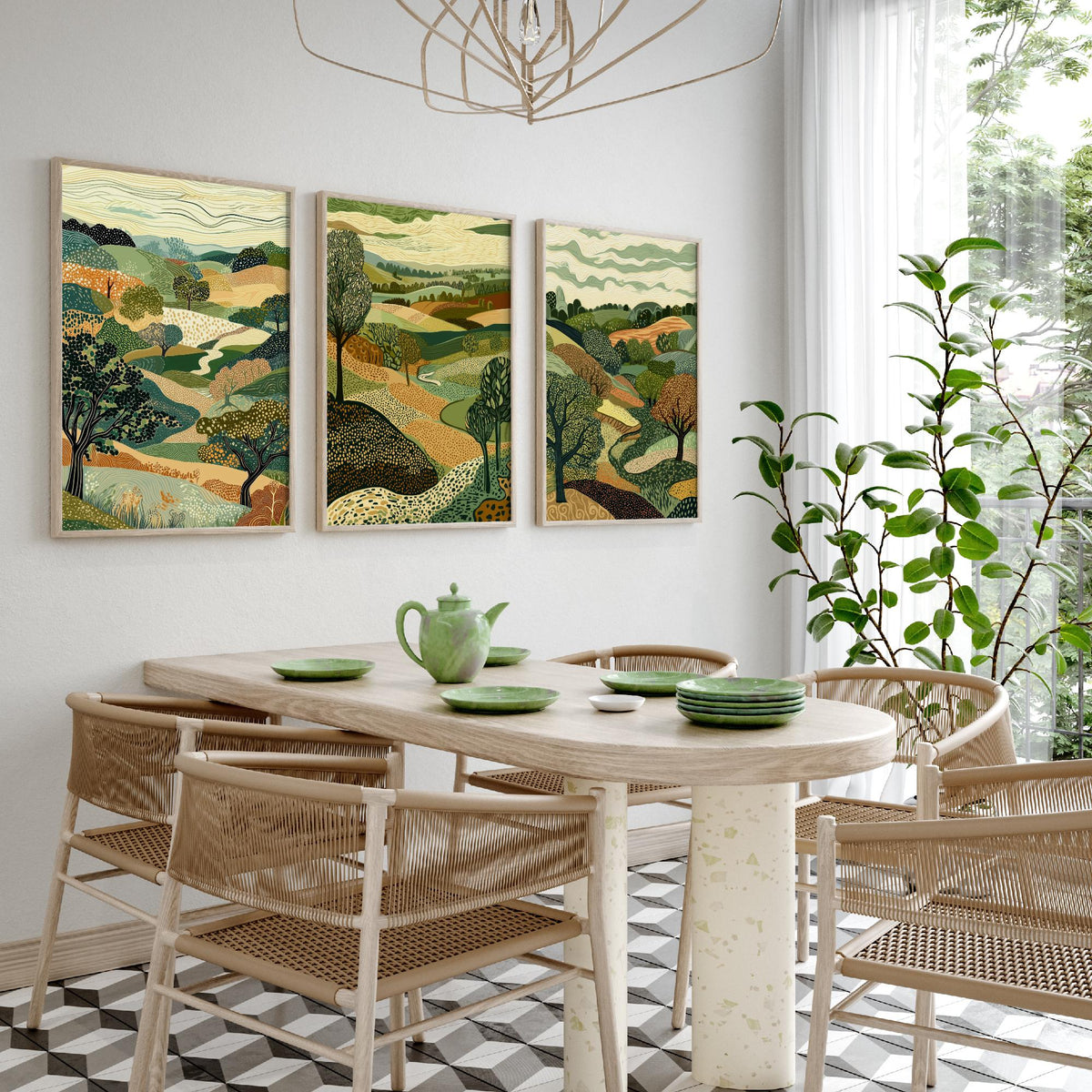 Set of Three Rolling Countryside Art Prints - Poplar Trees Fields - 3 Olive Landscape Posters - Line Art Illustration Painting V7