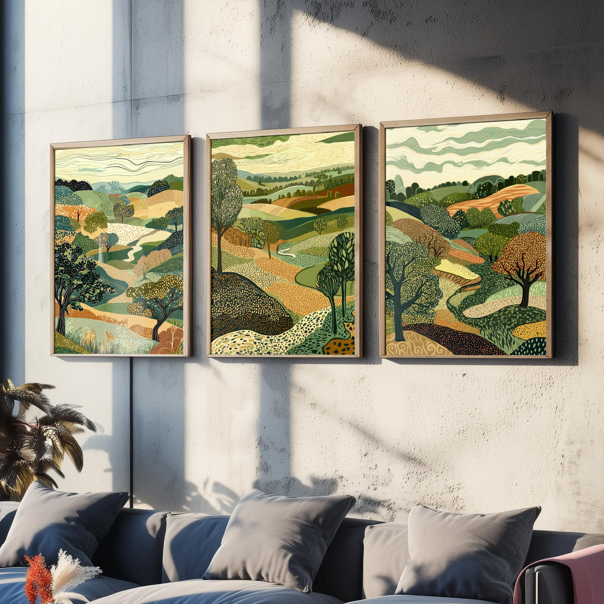 Set of Three Rolling Countryside Art Prints - Poplar Trees Fields - 3 Olive Landscape Posters - Line Art Illustration Painting V7