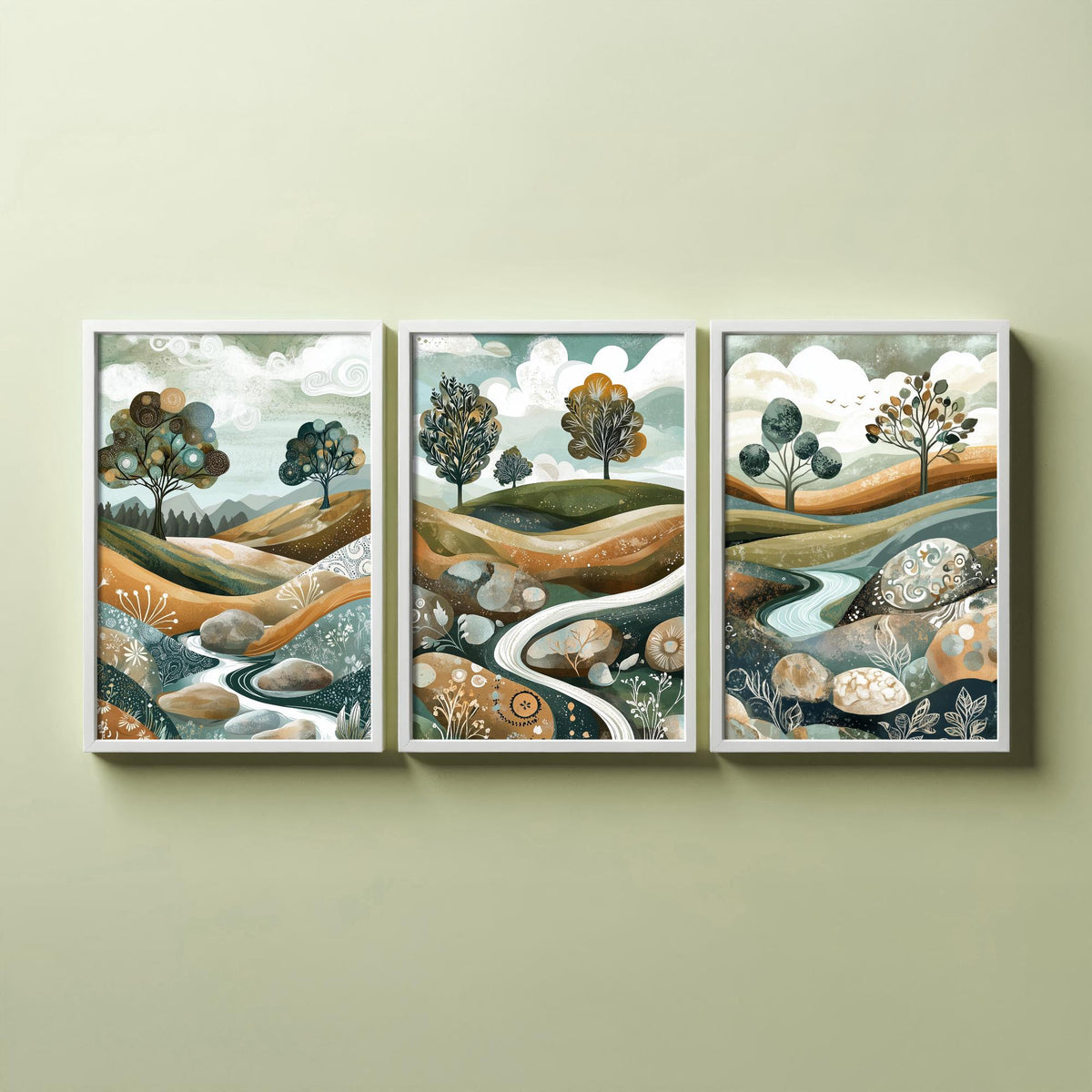 Set of Three Riverbed Landscape Art Prints - Boulders Stream Trees - 3 Sage Green Hills Posters - Folk Illustration Painting V8