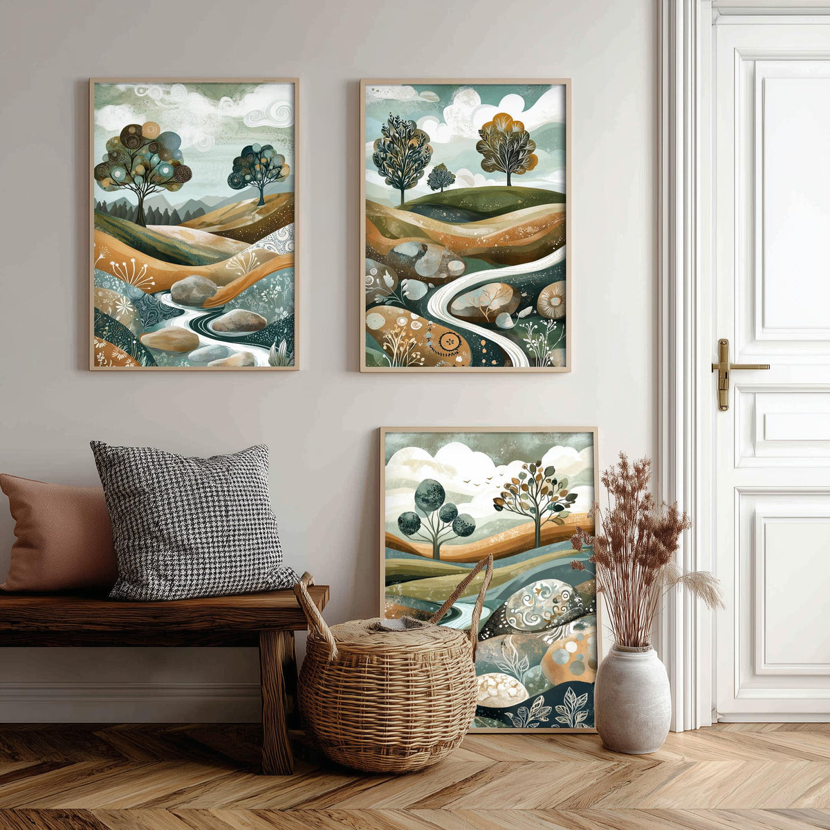 Set of Three Riverbed Landscape Art Prints - Boulders Stream Trees - 3 Sage Green Hills Posters - Folk Illustration Painting V8