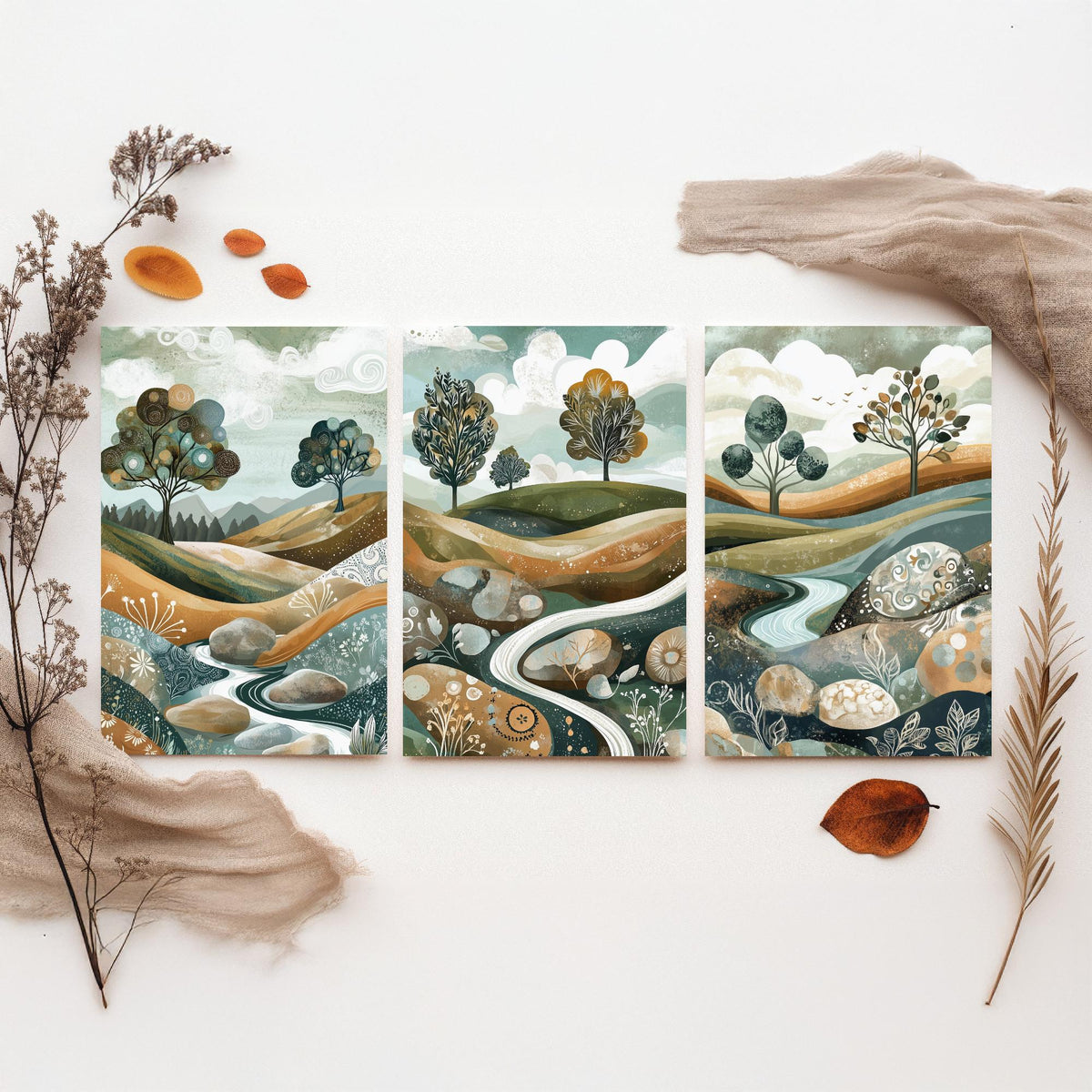 Set of Three Riverbed Landscape Art Prints - Boulders Stream Trees - 3 Sage Green Hills Posters - Folk Illustration Painting V8