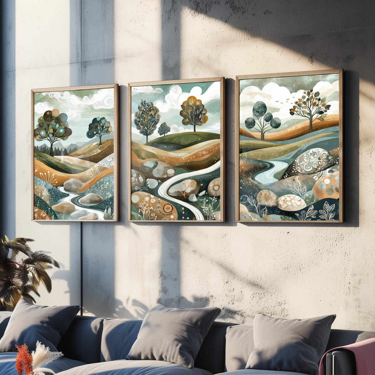 Set of Three Riverbed Landscape Art Prints - Boulders Stream Trees - 3 Sage Green Hills Posters - Folk Illustration Painting V8