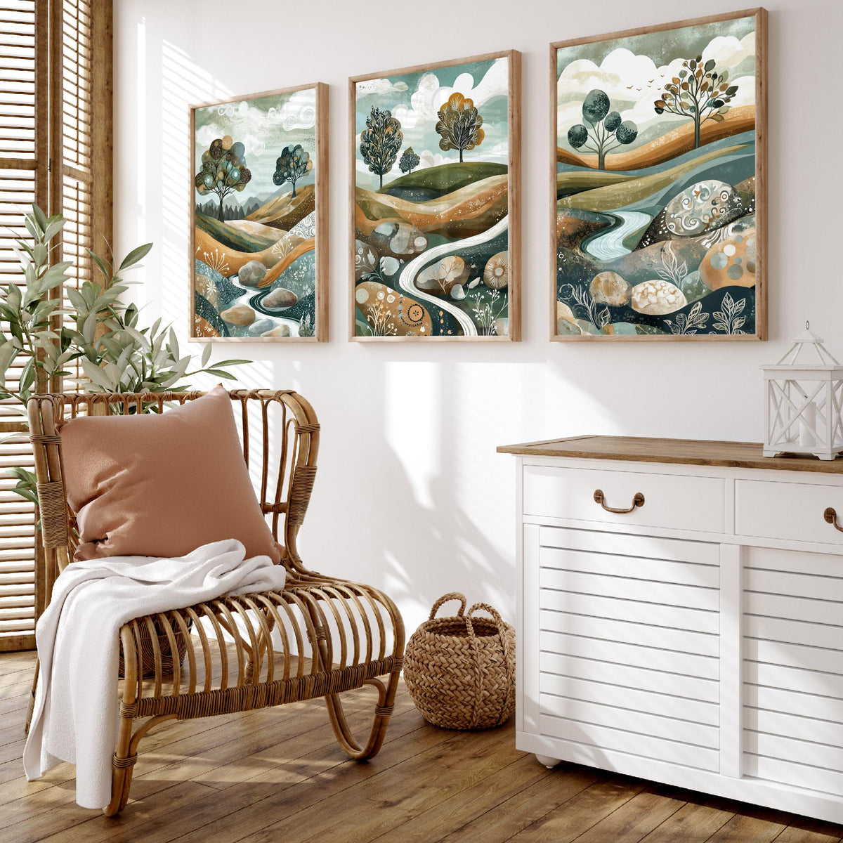 Set of Three Riverbed Landscape Art Prints - Boulders Stream Trees - 3 Sage Green Hills Posters - Folk Illustration Painting V8