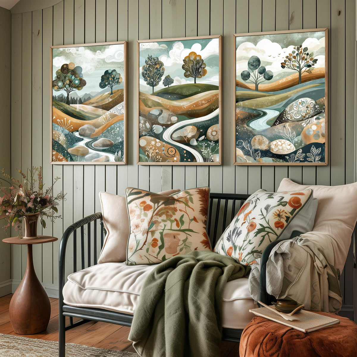 Set of Three Riverbed Landscape Art Prints - Boulders Stream Trees - 3 Sage Green Hills Posters - Folk Illustration Painting V8