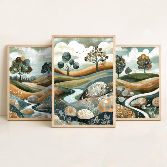 Set of Three Riverbed Landscape Art Prints - Boulders Stream Trees - 3 Sage Green Hills Posters - Folk Illustration Painting V8