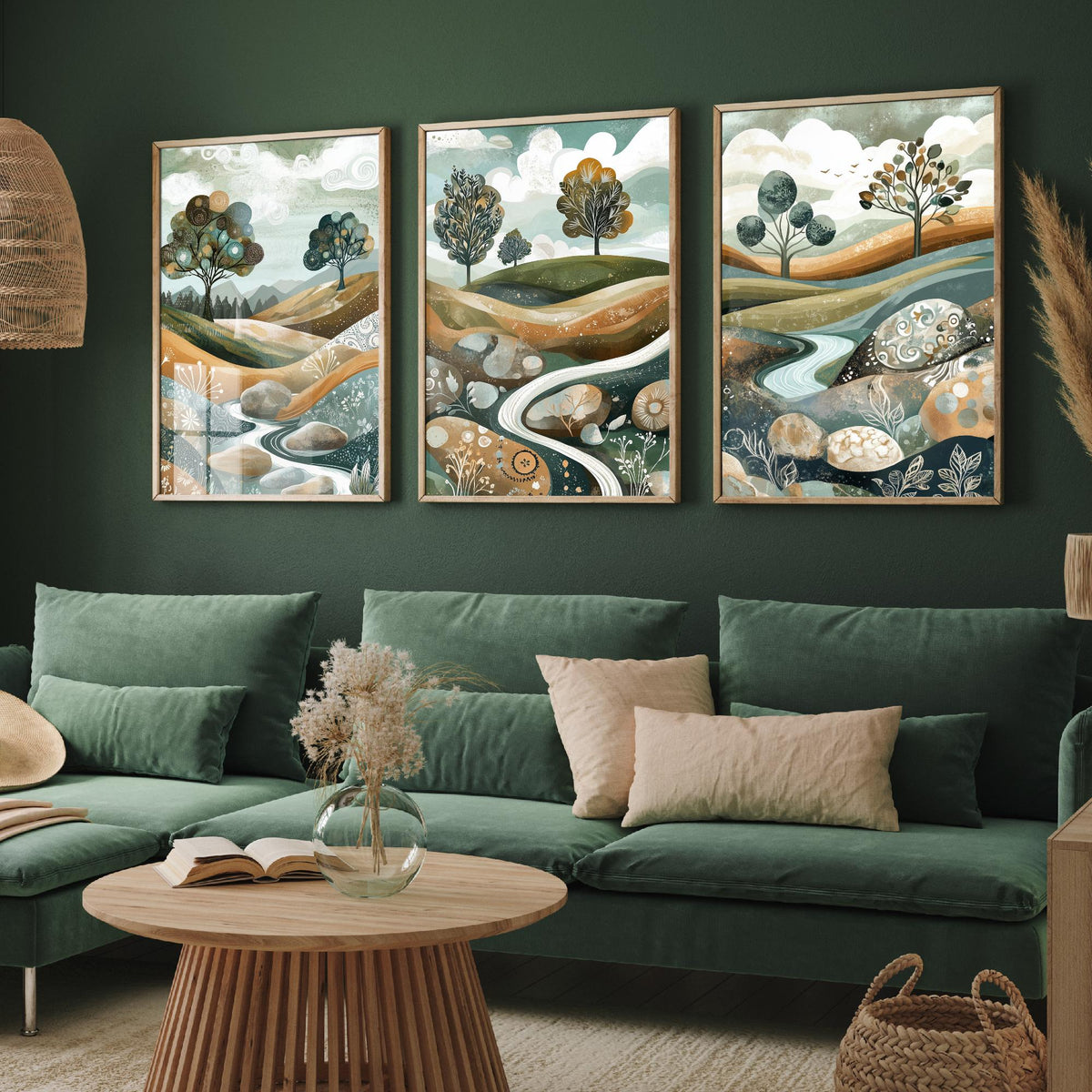 Set of Three Riverbed Landscape Art Prints - Boulders Stream Trees - 3 Sage Green Hills Posters - Folk Illustration Painting V8