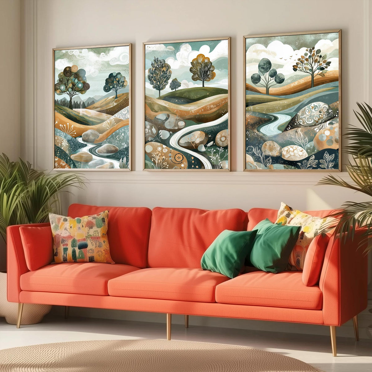 Set of Three Riverbed Landscape Art Prints - Boulders Stream Trees - 3 Sage Green Hills Posters - Folk Illustration Painting V8