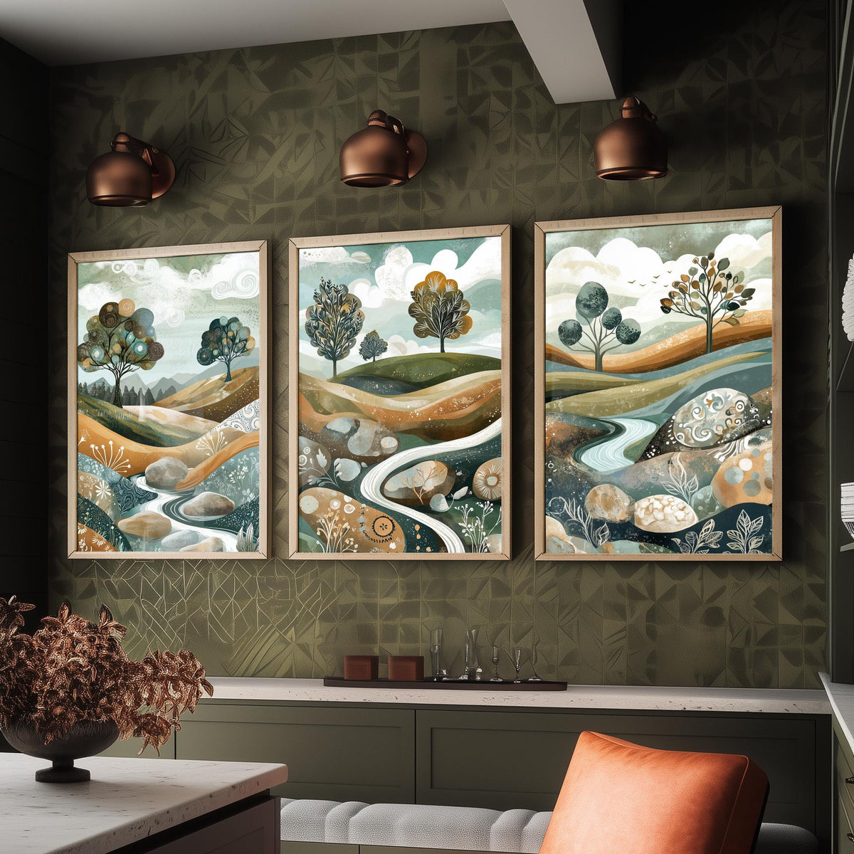 Set of Three Riverbed Landscape Art Prints - Boulders Stream Trees - 3 Sage Green Hills Posters - Folk Illustration Painting V8