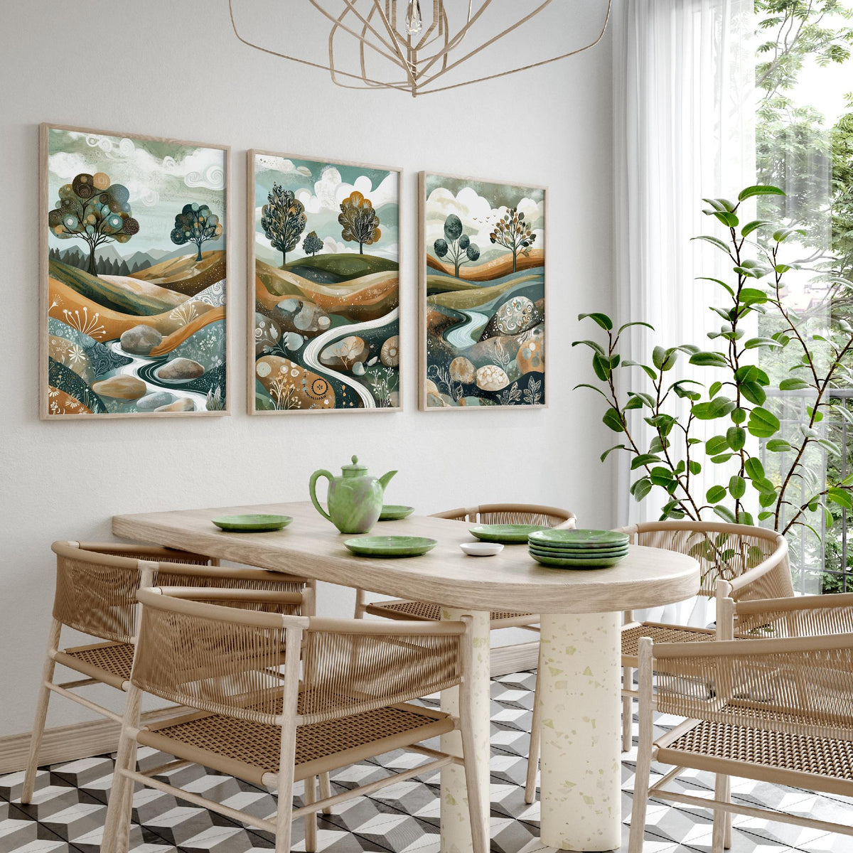 Set of Three Riverbed Landscape Art Prints - Boulders Stream Trees - 3 Sage Green Hills Posters - Folk Illustration Painting V8