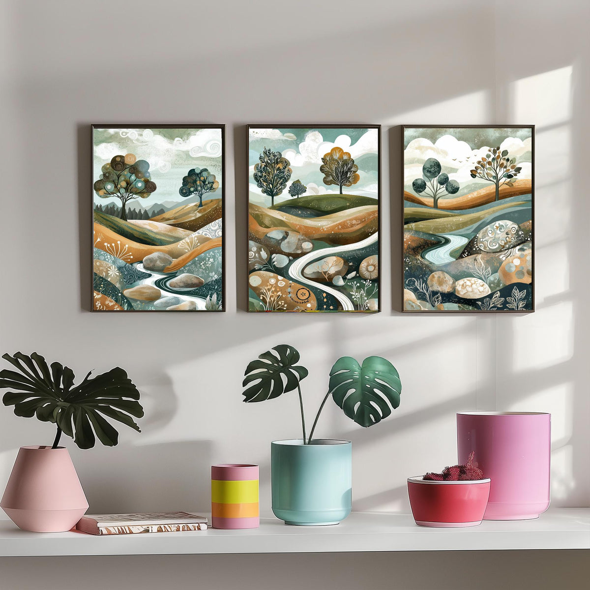 Set of Three Riverbed Landscape Art Prints - Boulders Stream Trees - 3 Sage Green Hills Posters - Folk Illustration Painting V8