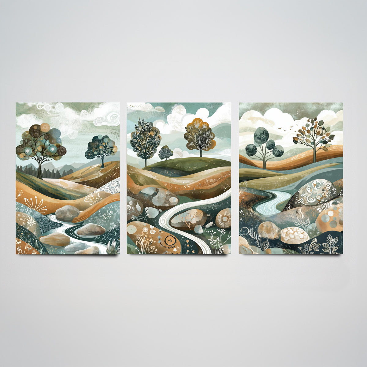 Set of Three Riverbed Landscape Art Prints - Boulders Stream Trees - 3 Sage Green Hills Posters - Folk Illustration Painting V8