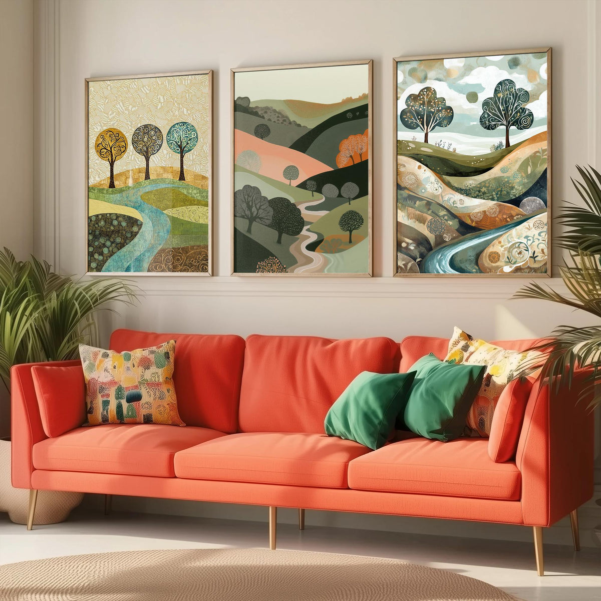 Set of Three Golden Hills Landscape Art Prints - Swirl Trees River - 3 Olive Pink Country Posters - Folk Illustration Painting V9