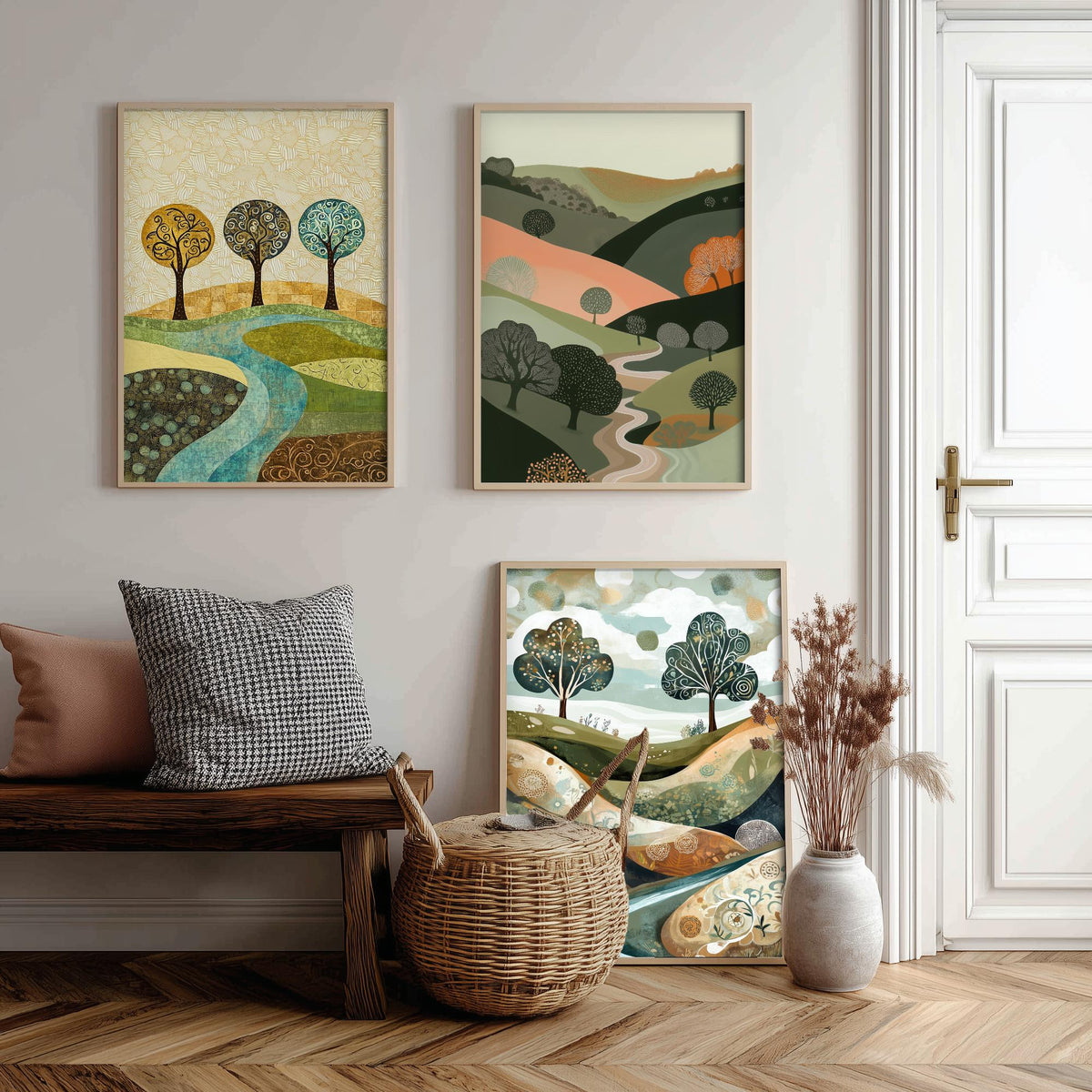 Set of Three Golden Hills Landscape Art Prints - Swirl Trees River - 3 Olive Pink Country Posters - Folk Illustration Painting V9