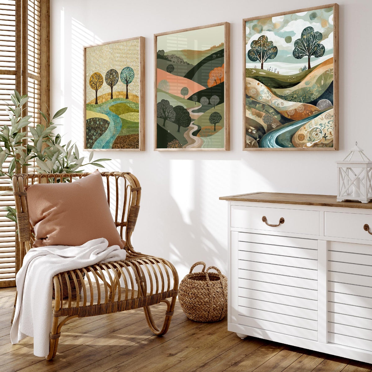 Set of Three Golden Hills Landscape Art Prints - Swirl Trees River - 3 Olive Pink Country Posters - Folk Illustration Painting V9