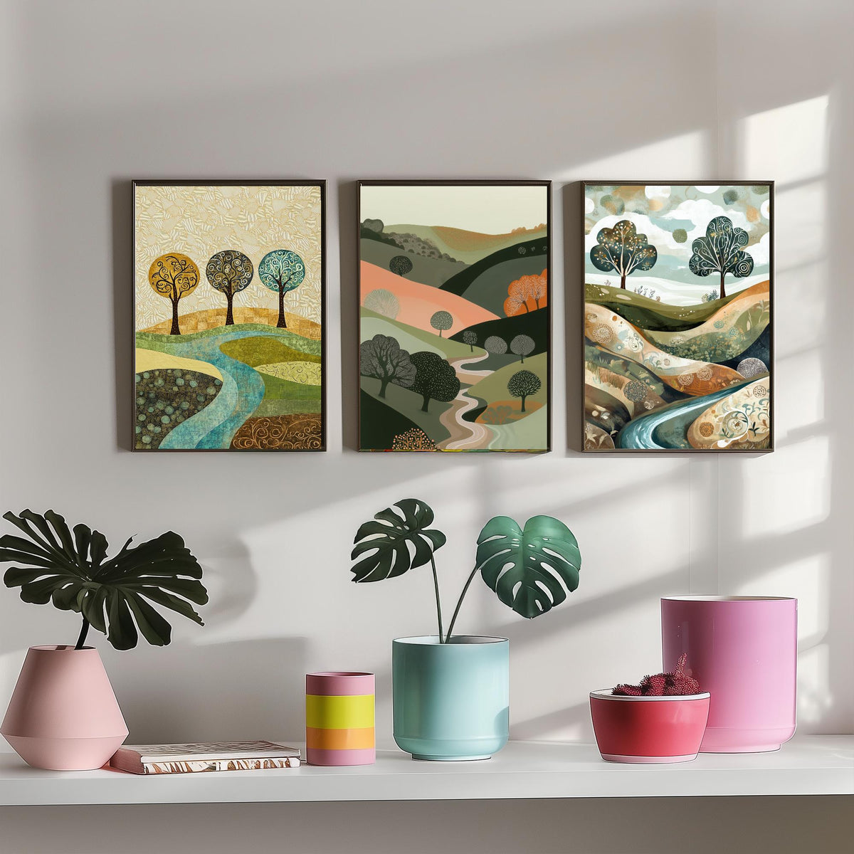 Set of Three Golden Hills Landscape Art Prints - Swirl Trees River - 3 Olive Pink Country Posters - Folk Illustration Painting V9