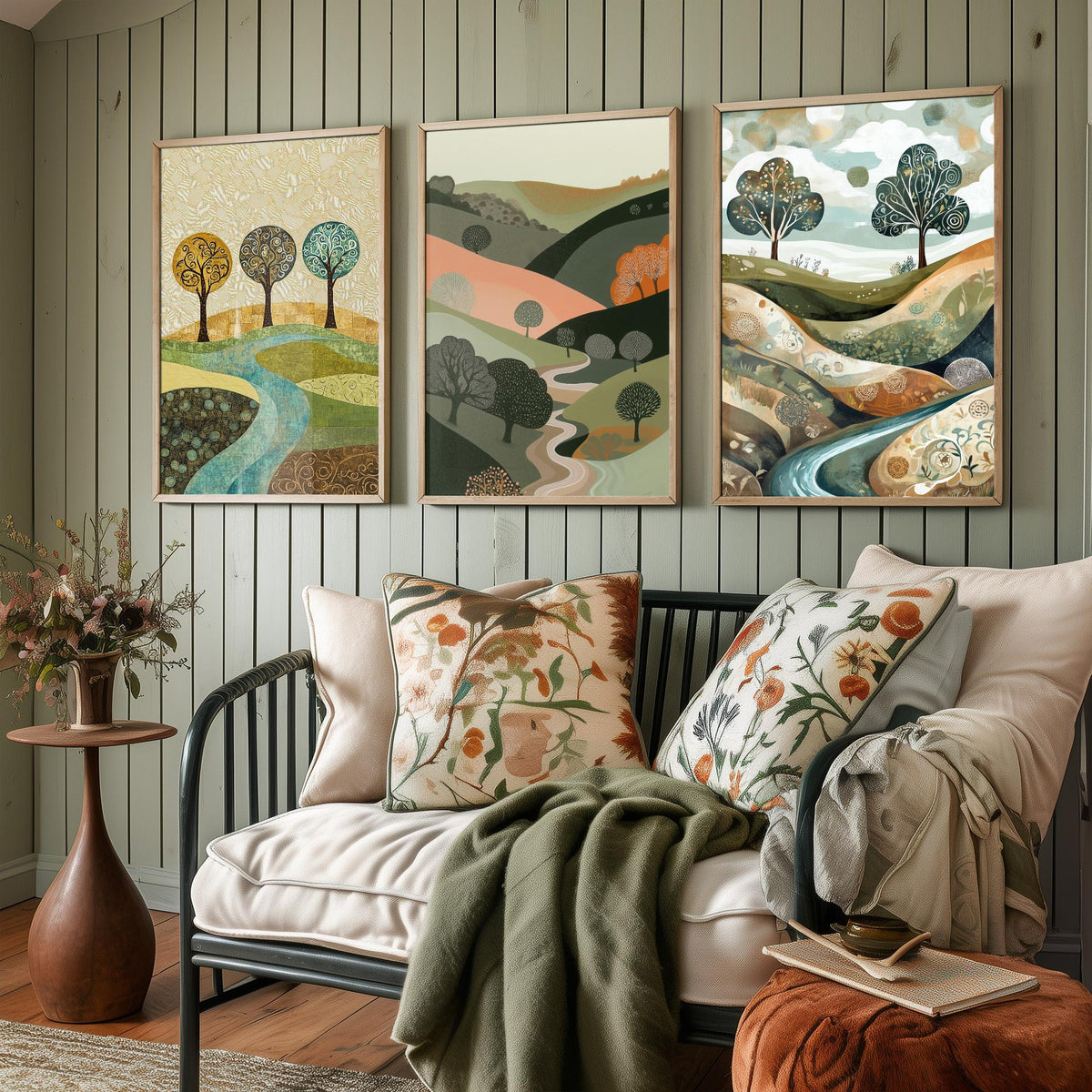 Set of Three Golden Hills Landscape Art Prints - Swirl Trees River - 3 Olive Pink Country Posters - Folk Illustration Painting V9