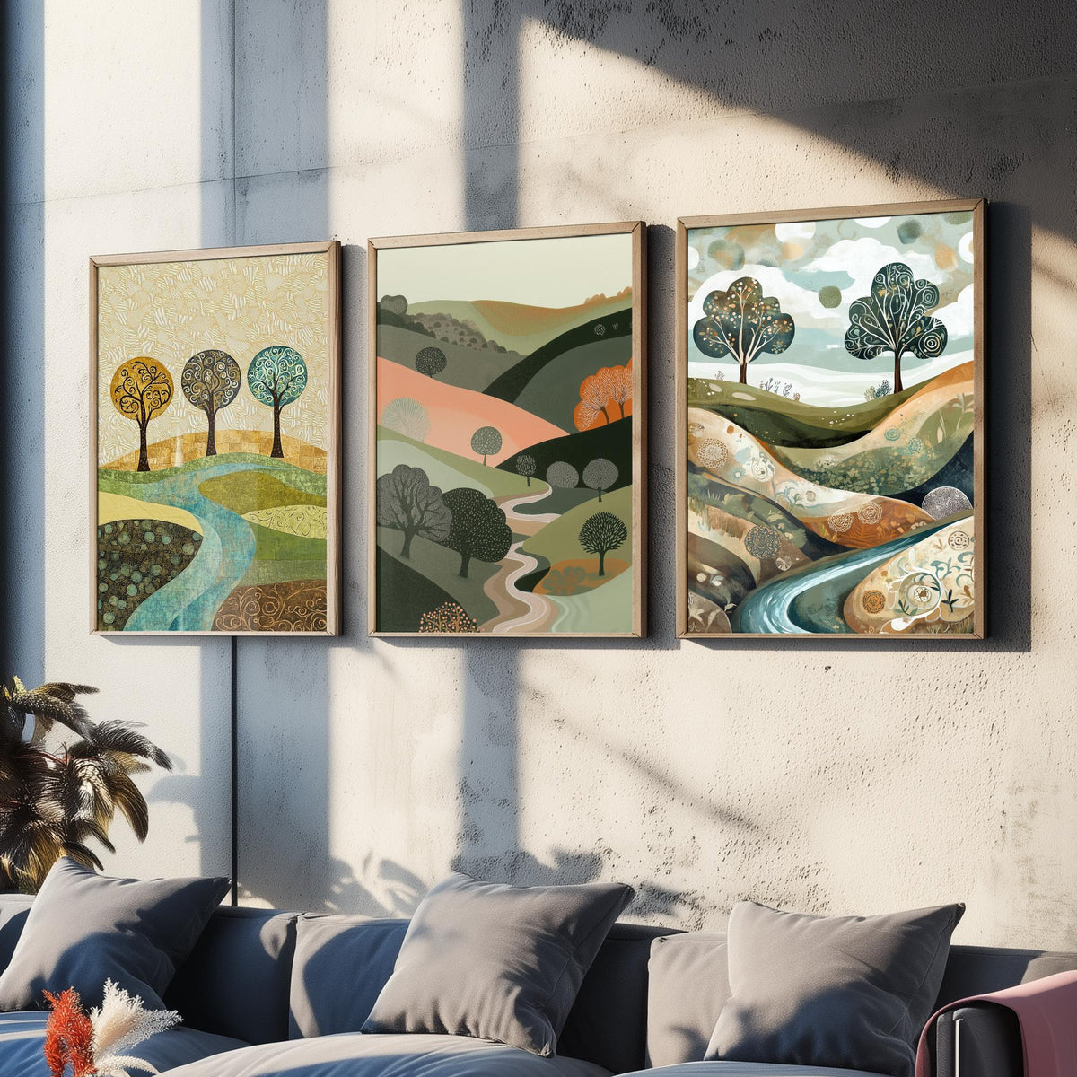 Set of Three Golden Hills Landscape Art Prints - Swirl Trees River - 3 Olive Pink Country Posters - Folk Illustration Painting V9