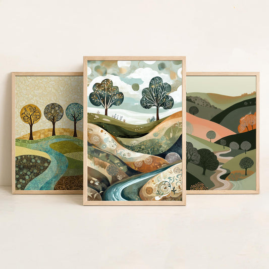 Set of Three Golden Hills Landscape Art Prints - Swirl Trees River - 3 Olive Pink Country Posters - Folk Illustration Painting V9