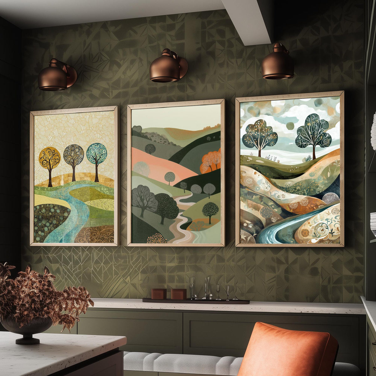 Set of Three Golden Hills Landscape Art Prints - Swirl Trees River - 3 Olive Pink Country Posters - Folk Illustration Painting V9