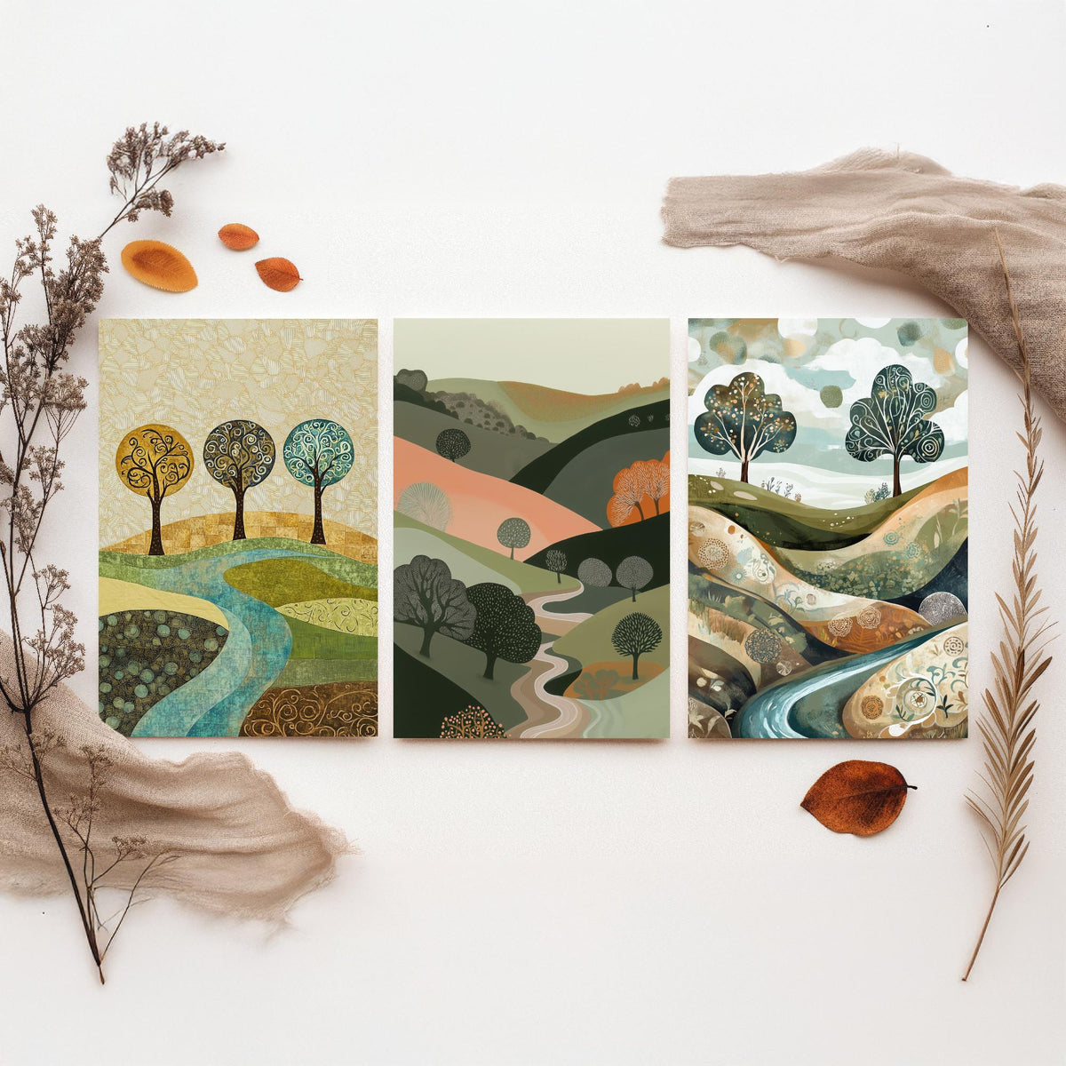 Set of Three Golden Hills Landscape Art Prints - Swirl Trees River - 3 Olive Pink Country Posters - Folk Illustration Painting V9