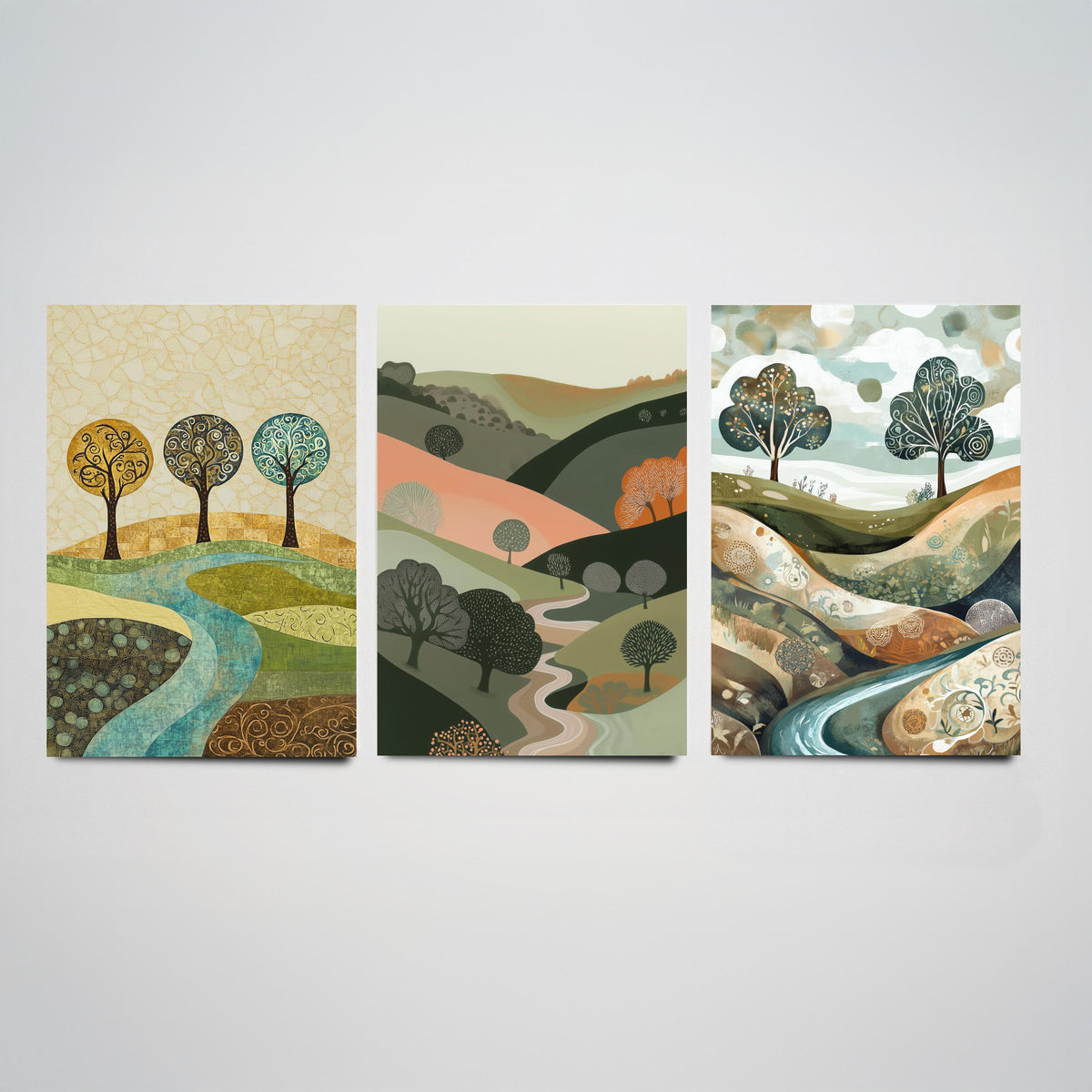 Set of Three Golden Hills Landscape Art Prints - Swirl Trees River - 3 Olive Pink Country Posters - Folk Illustration Painting V9